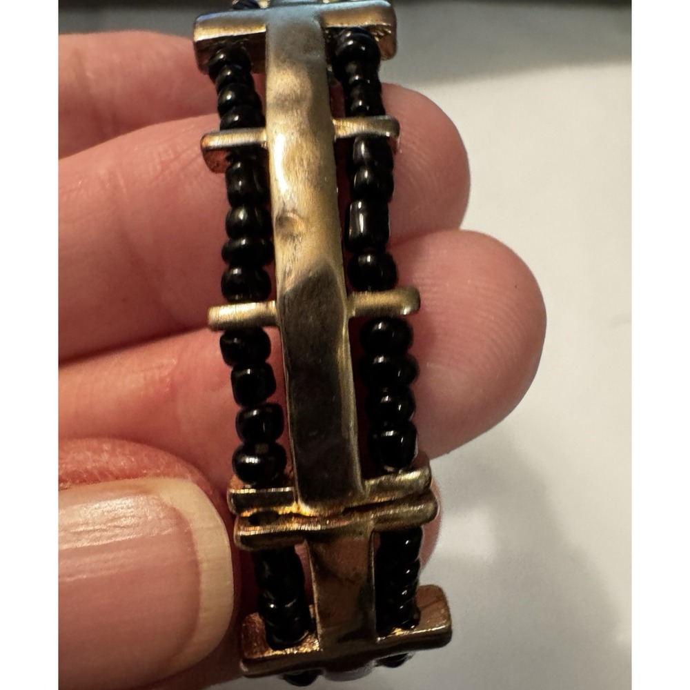 Gold Tone Black Seed Bead Cross Stretch Bracelet Religious Faith Jewelry 7in